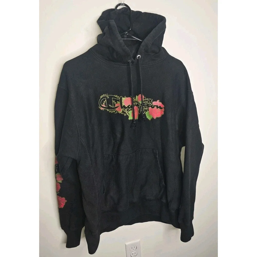 Champion Reverse Weave Rose Graphic Hoodie Black Oversized Large Y2K era